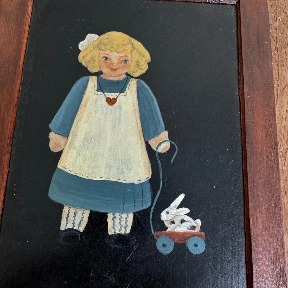 Pair Hand Painted Little Girl on Black Slate in Frames Made‎ in Portugal